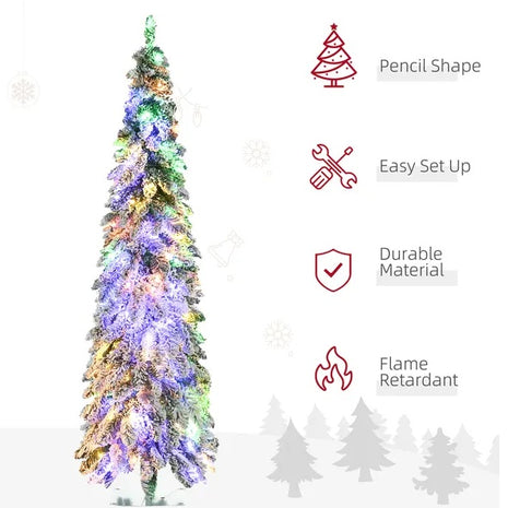 6FT Prelit Pencil Christmas Tree With 407 Snow Flocked Branches, 250 Warm White Or Colorful LED Lights