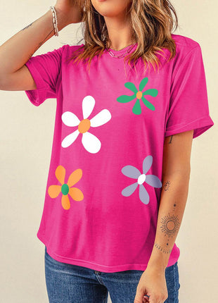 Flower Round Neck Short Sleeve T-Shirt - MimiStylez