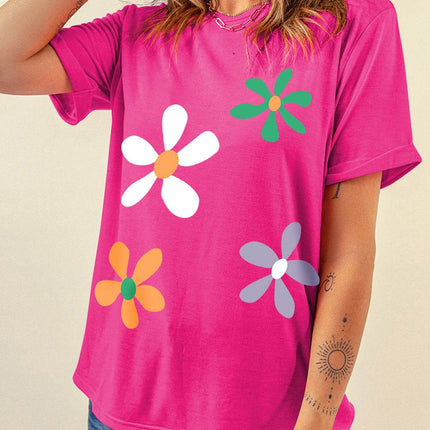 Flower Round Neck Short Sleeve T-Shirt - MimiStylez