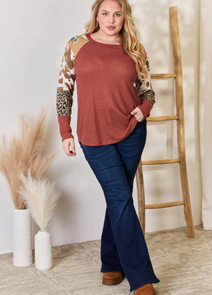 Hailey & Co Full Size Leopard Waffle-Knit Blouse - MimiStylez