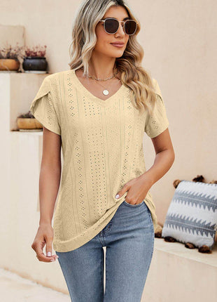 Eyelet Petal Sleeve V-Neck Knit Top - MimiStylez