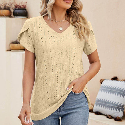 Eyelet Petal Sleeve V-Neck Knit Top - MimiStylez