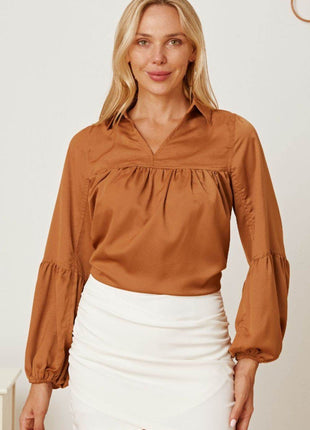 Balloon Sleeve Collared Neck Blouse - MimiStylez