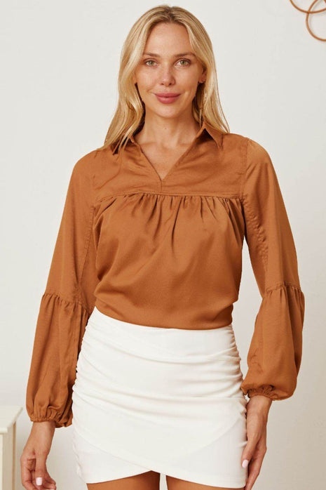Balloon Sleeve Collared Neck Blouse - MimiStylez