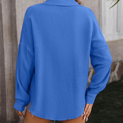 Textured Pocketed Button Up Dropped Shoulder Shirt - MimiStylez
