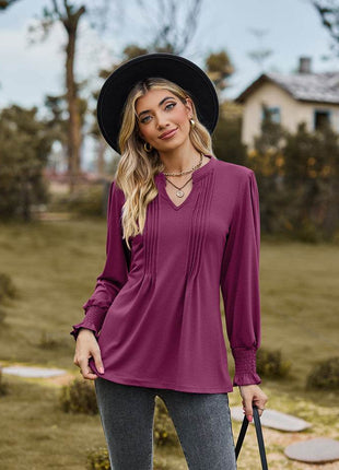 Notched Neck Flounce Sleeve Blouse - MimiStylez