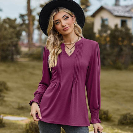 Notched Neck Flounce Sleeve Blouse - MimiStylez