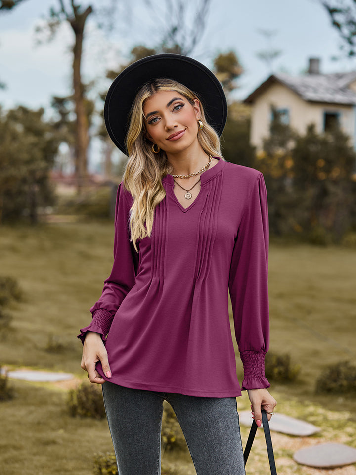 Notched Neck Flounce Sleeve Blouse