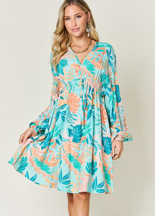 Double Take Full Size Printed V-Neck Drawstring Dress