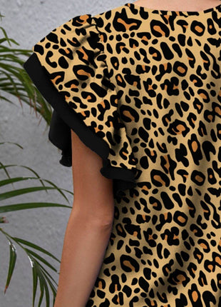 Leopard Round Neck Flounce Sleeve Blouse - MimiStylez