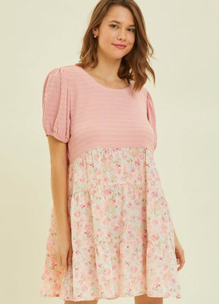 HEYSON Full Size Round Neck Floral Ruffle Hem Mini Dress - MimiStylez