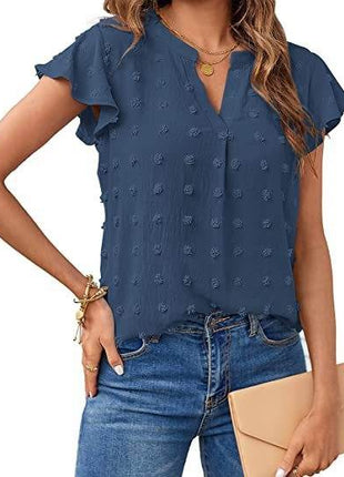 Women's Fashion V-neck Ruffle Sleeve Chiffon Shirt Short Sleeve - MimiStylez
