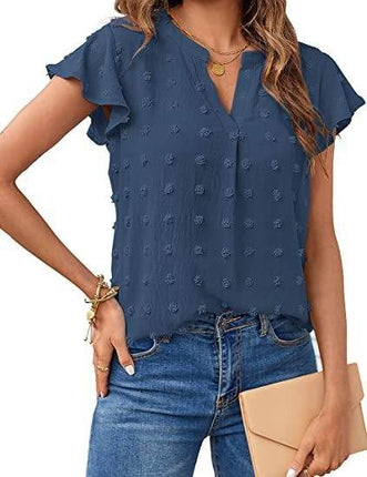 Women's Fashion V-neck Ruffle Sleeve Chiffon Shirt Short Sleeve - MimiStylez