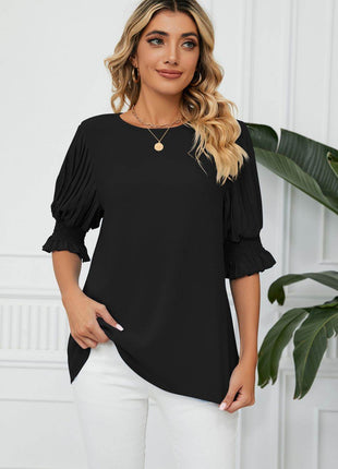 Pleated Flounce Sleeve Keyhole Blouse - MimiStylez