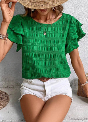 Round Neck Flounce Sleeve Blouse - MimiStylez