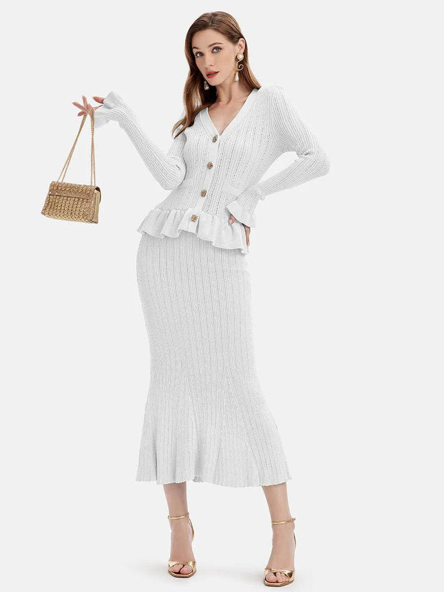 Ruffled V-Neck Top and Midi Skirt Sweater Set - MimiStylez