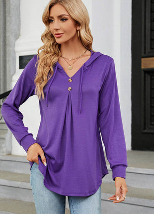 Decorative Button Drawstring Long Sleeve Hoodie - MimiStylez