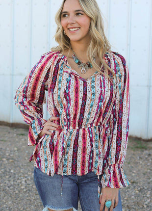 Multicolour Western Print Split Neck Peplum Blouse - MimiStylez