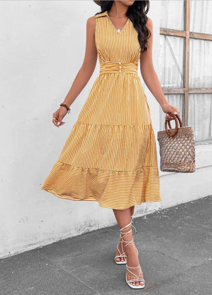 Striped Johnny Collar Sleeveless Midi Dress - MimiStylez