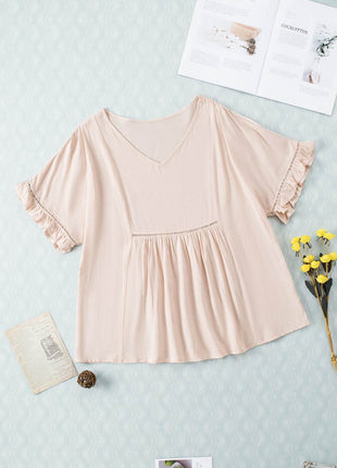 V-Neck Flounce Sleeve Babydoll Blouse - MimiStylez