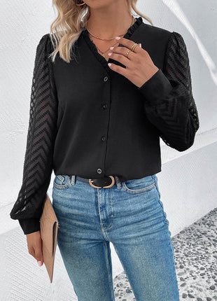 Mesh V-Neck Button Front Blouse - MimiStylez