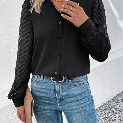 Mesh V-Neck Button Front Blouse - MimiStylez