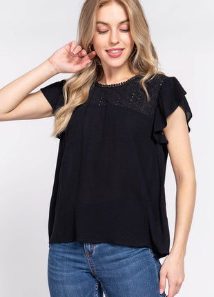 ACTIVE BASIC Ruffle Short Sleeve Crochet Blouse - MimiStylez