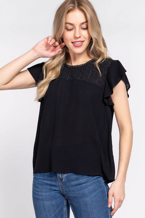 ACTIVE BASIC Ruffle Short Sleeve Crochet Blouse - MimiStylez