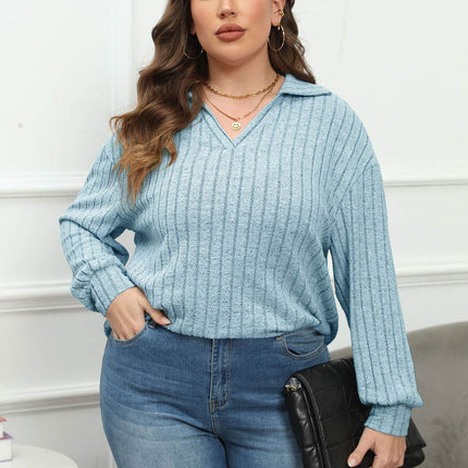 Plus Size Ribbed Collared Neck Long Sleeve Blouse - MimiStylez
