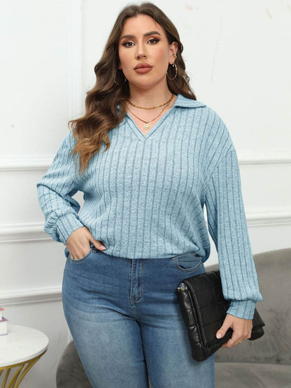 Plus Size Ribbed Collared Neck Long Sleeve Blouse - MimiStylez