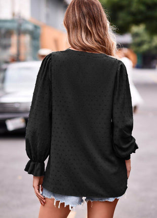 Swiss Dot Notched Neck Flounce Sleeve Blouse - MimiStylez