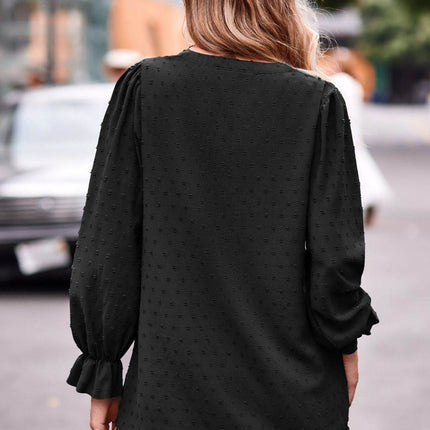 Swiss Dot Notched Neck Flounce Sleeve Blouse - MimiStylez