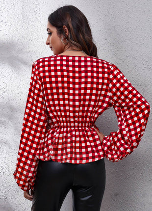 Plaid V-Neck Balloon Sleeve Peplum Blouse - MimiStylez