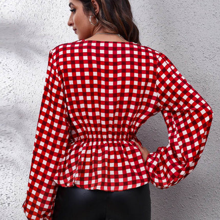 Plaid V-Neck Balloon Sleeve Peplum Blouse - MimiStylez