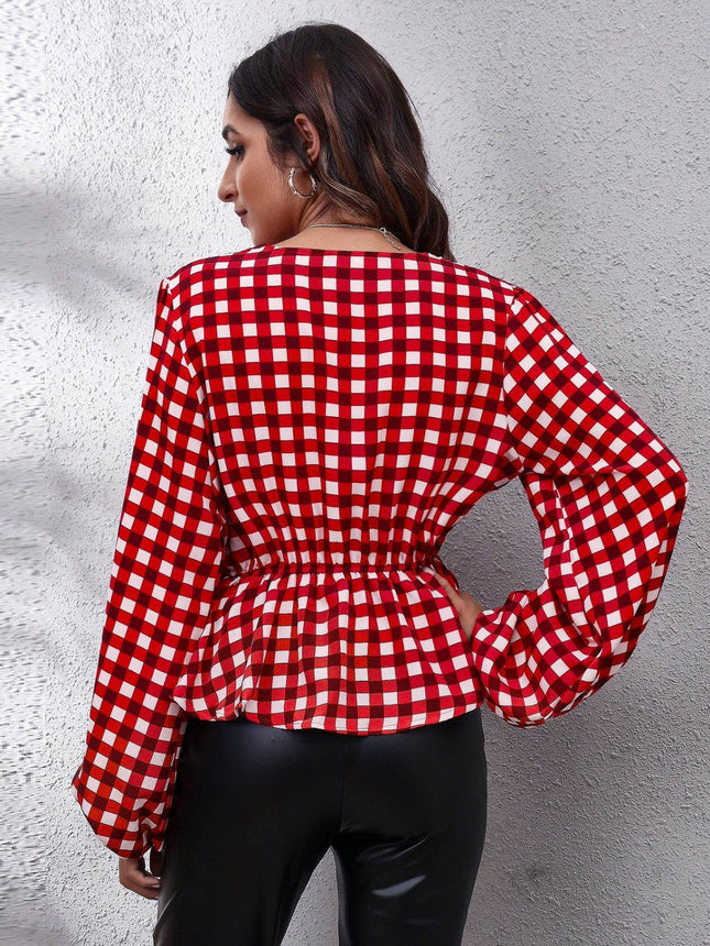 Plaid V-Neck Balloon Sleeve Peplum Blouse - MimiStylez