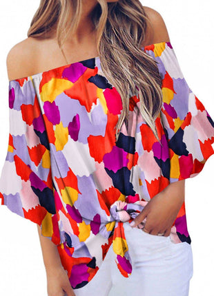 Tied Printed Off-Shoulder Half Sleeve Blouse - MimiStylez