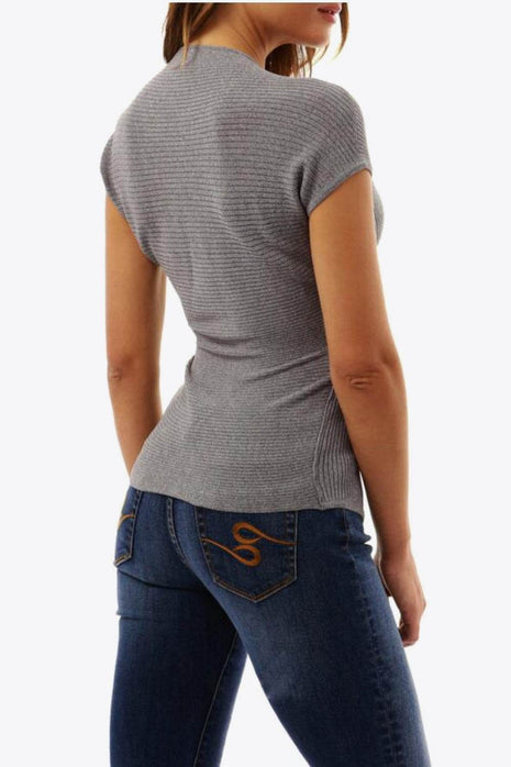 Ribbed Surplice Neck Slit Top - MimiStylez