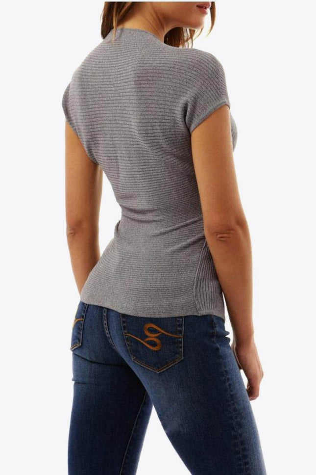 Ribbed Surplice Neck Slit Top - MimiStylez