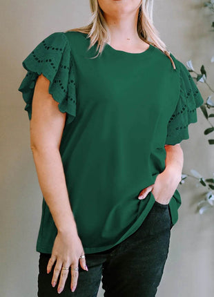 Plus Size Eyelet Round Neck Short Sleeve Blouse - MimiStylez