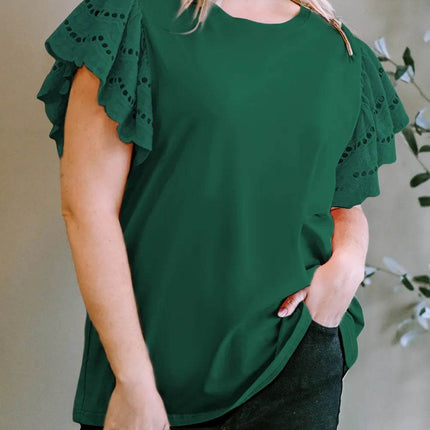 Plus Size Eyelet Round Neck Short Sleeve Blouse - MimiStylez