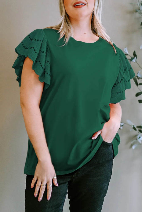 Plus Size Eyelet Round Neck Short Sleeve Blouse - MimiStylez