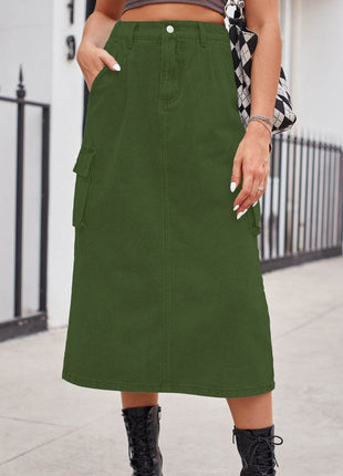 Slit Buttoned Denim Skirt with Pockets - MimiStylez