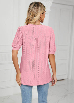 Eyelet Short Puff Sleeve Notched Neck Top - MimiStylez