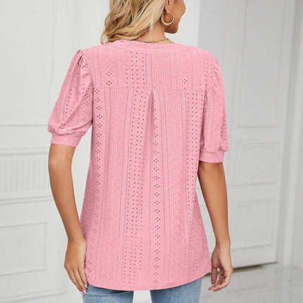Eyelet Short Puff Sleeve Notched Neck Top - MimiStylez