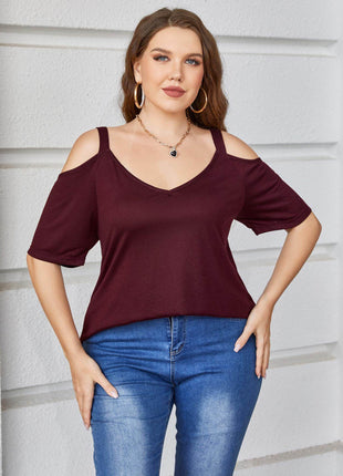 Plus Size V-Neck Cold-Shoulder Blouse - MimiStylez