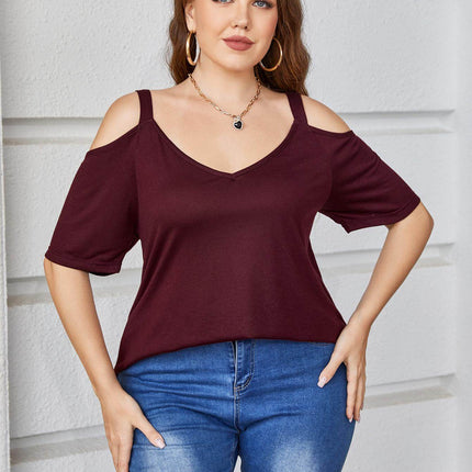 Plus Size V-Neck Cold-Shoulder Blouse - MimiStylez
