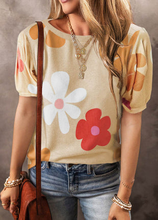 Flower Round Neck Short Sleeve Blouse - MimiStylez