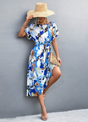Round Neck Short Sleeve Tie Waist Midi Dress - MimiStylez