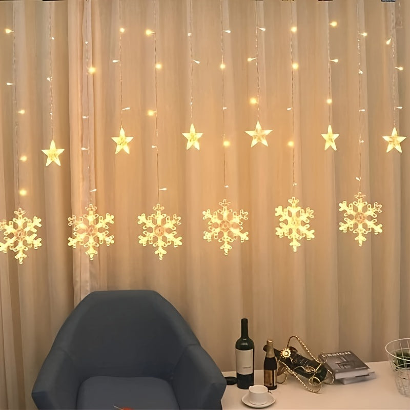 Christmas Snowflake String Lights - 137.8in Classic Indoor LED Decoration with 6 Large Snowflakes, Festive Yellow Glow, Battery Powered for Home, Bedroom, Garden, New Year & Christmas Party Decor