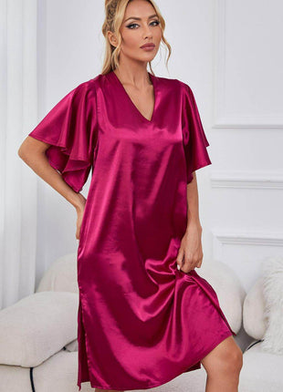 Satin Flutter Sleeve Side Slit V-Neck Night Dress - MimiStylez